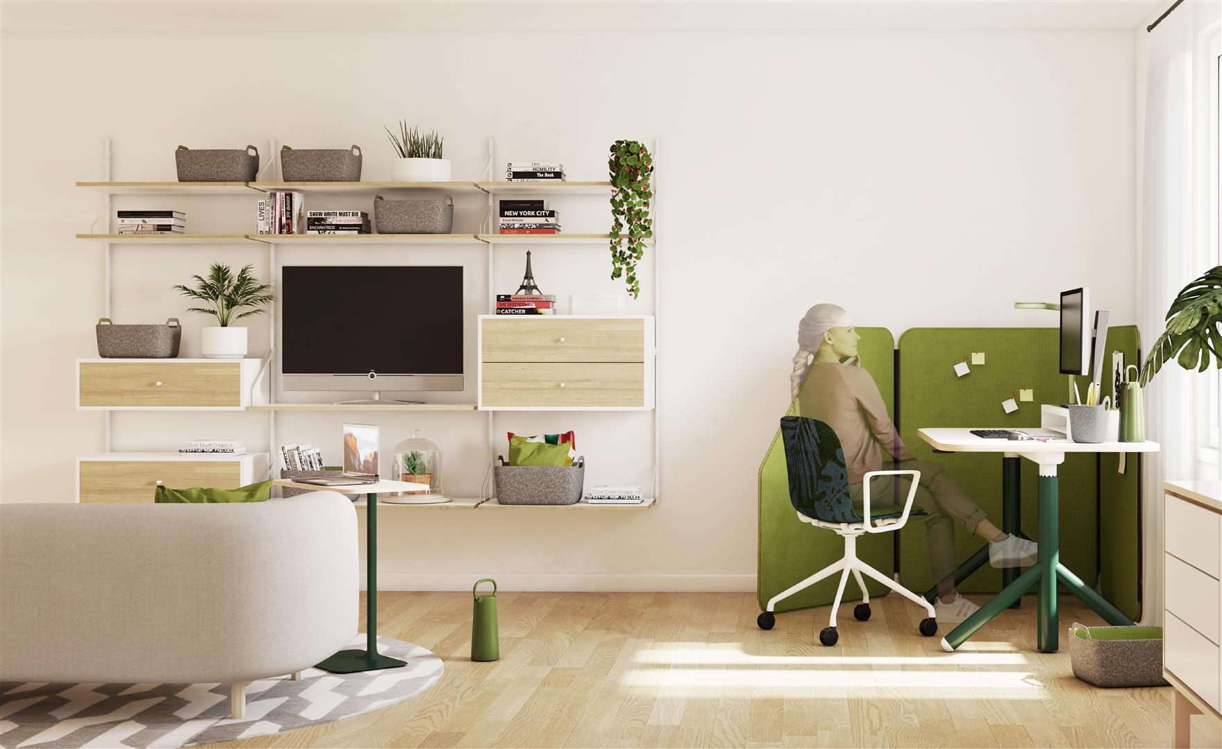 Un escritorio de altura regulable, una fuente de energía móvil y un soporte adecuado para trabajar en un sofá fomentan un entorno dinámico en el que los usuarios pueden optar por una amplia gama de posiciones de trabajo.
