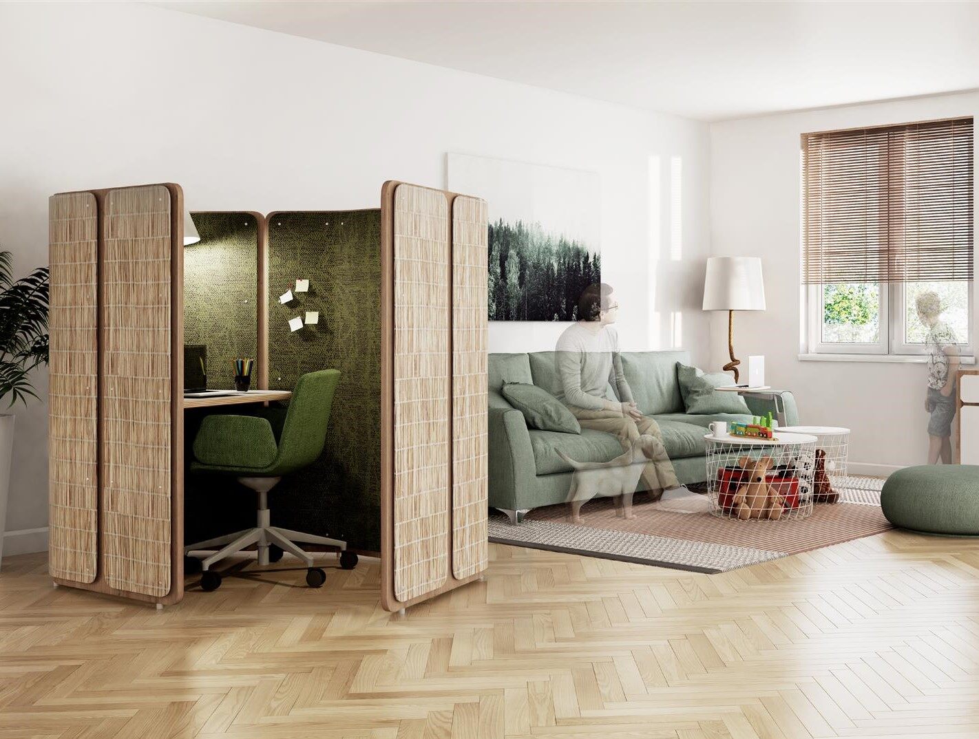 A stand-alone work pod that fits within a shared room in a home creates an enclosed private space.